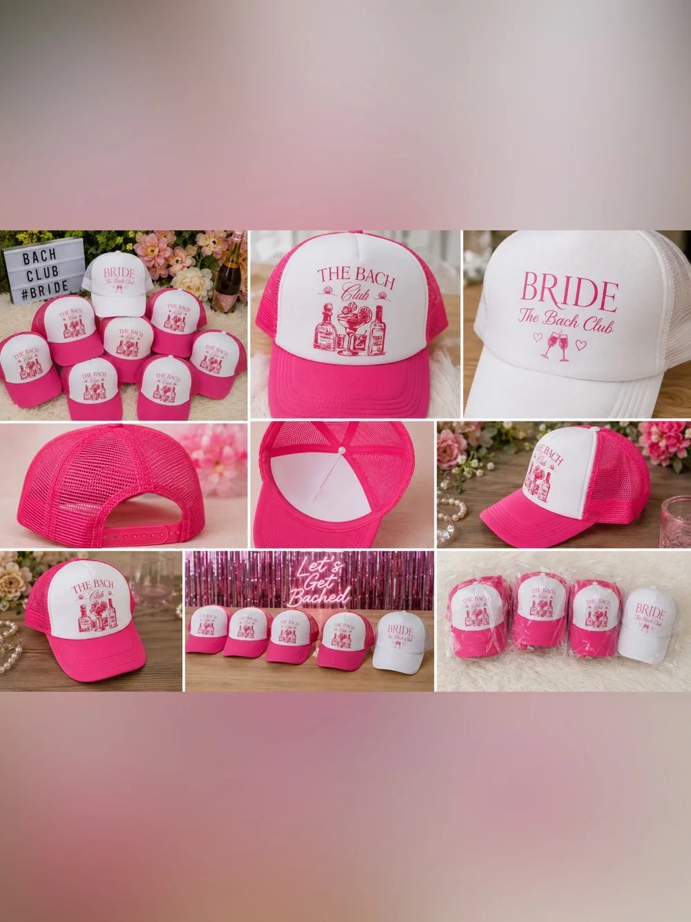 NEW The Bach Club Bachelorette Party Hat Set 8pc Pink White Bride Bridal